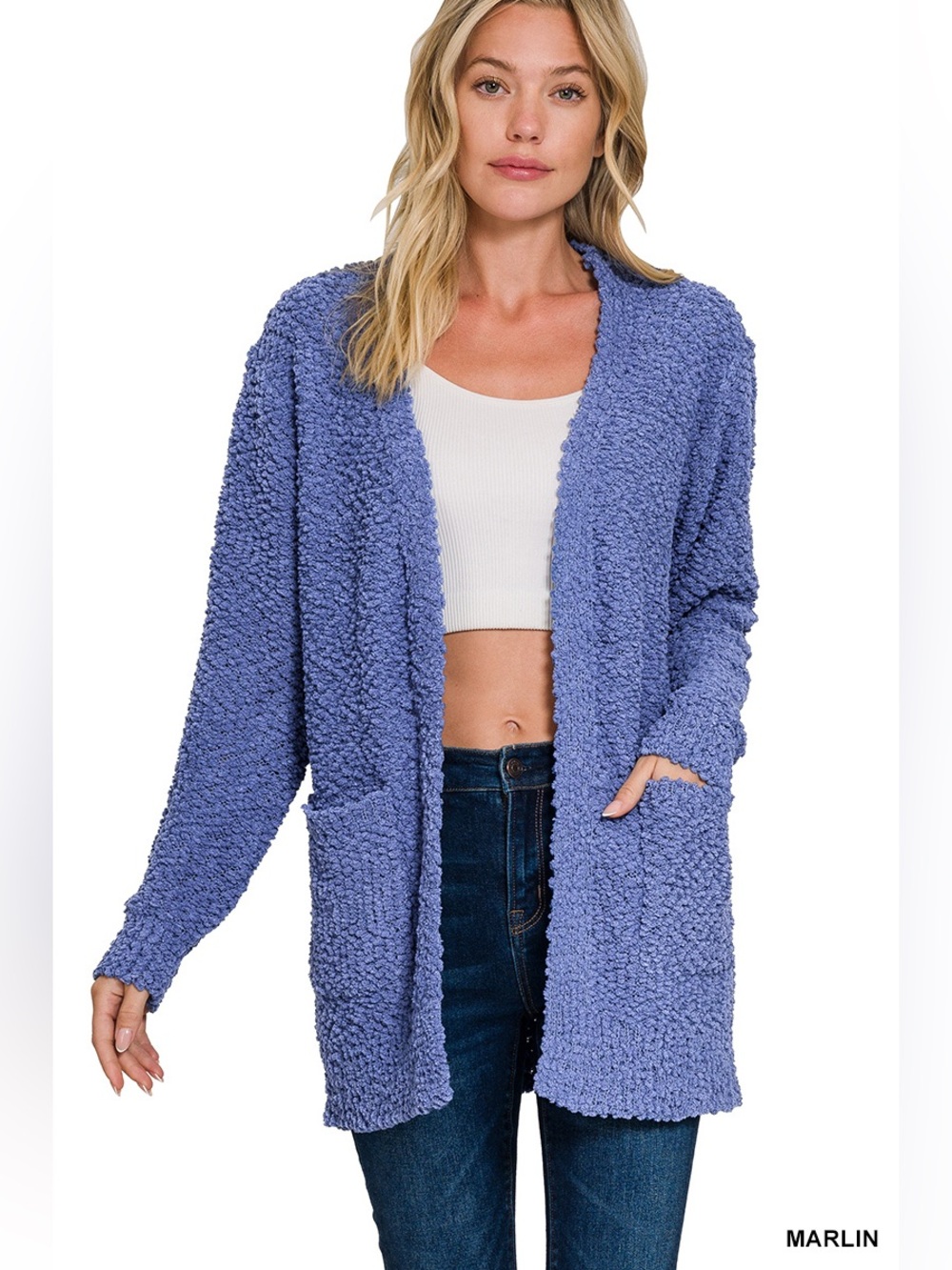 ZENANA MARLIN LONG SLEEVE POPCORN SWEATER CARDIGAN WITH POCKETS